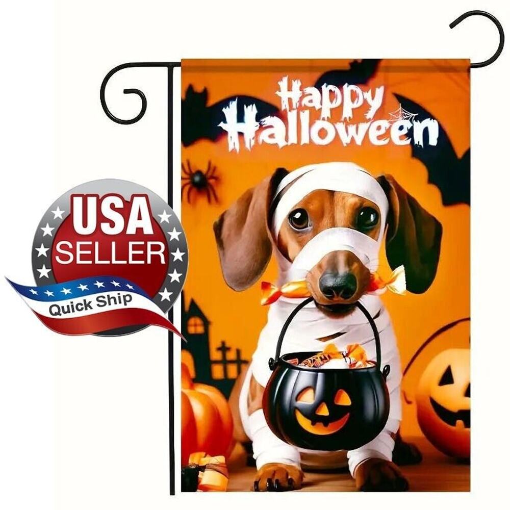 Halloween Outdoor Welcome Sign Flag • Dachshund Mummy • 12x18 Weather-Resistant